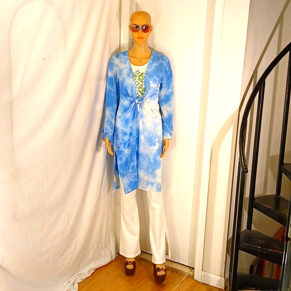 Beautiful AUM Couture Sky Blue & White Silk Tie-Dye Summer Cardigan.